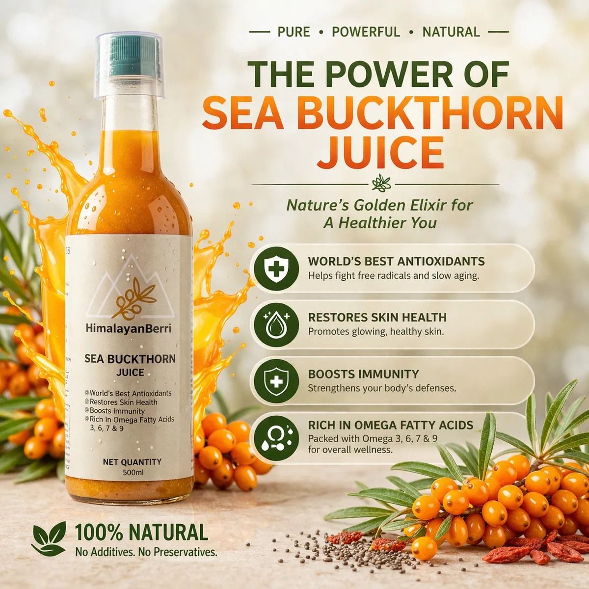 Buy 1 Get 1 Free Sea Buckthorn Juice 500ml + 500ml | Omega 3 6 7 9 Rich Superfruit | High Vitamin C | Immunity Booster | Skin & Hair Health Drink